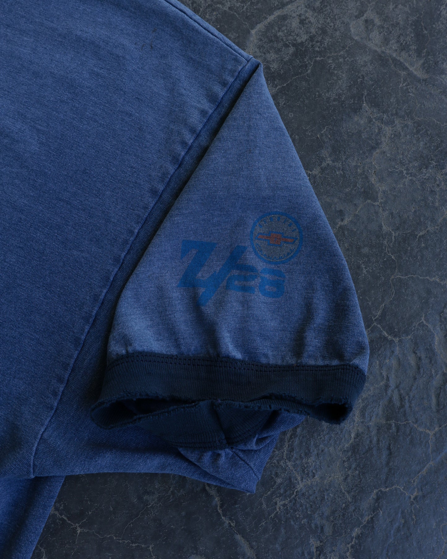 00s Top Heavy 69 Camaro Faded Blue Distressed Ringer Tee - L