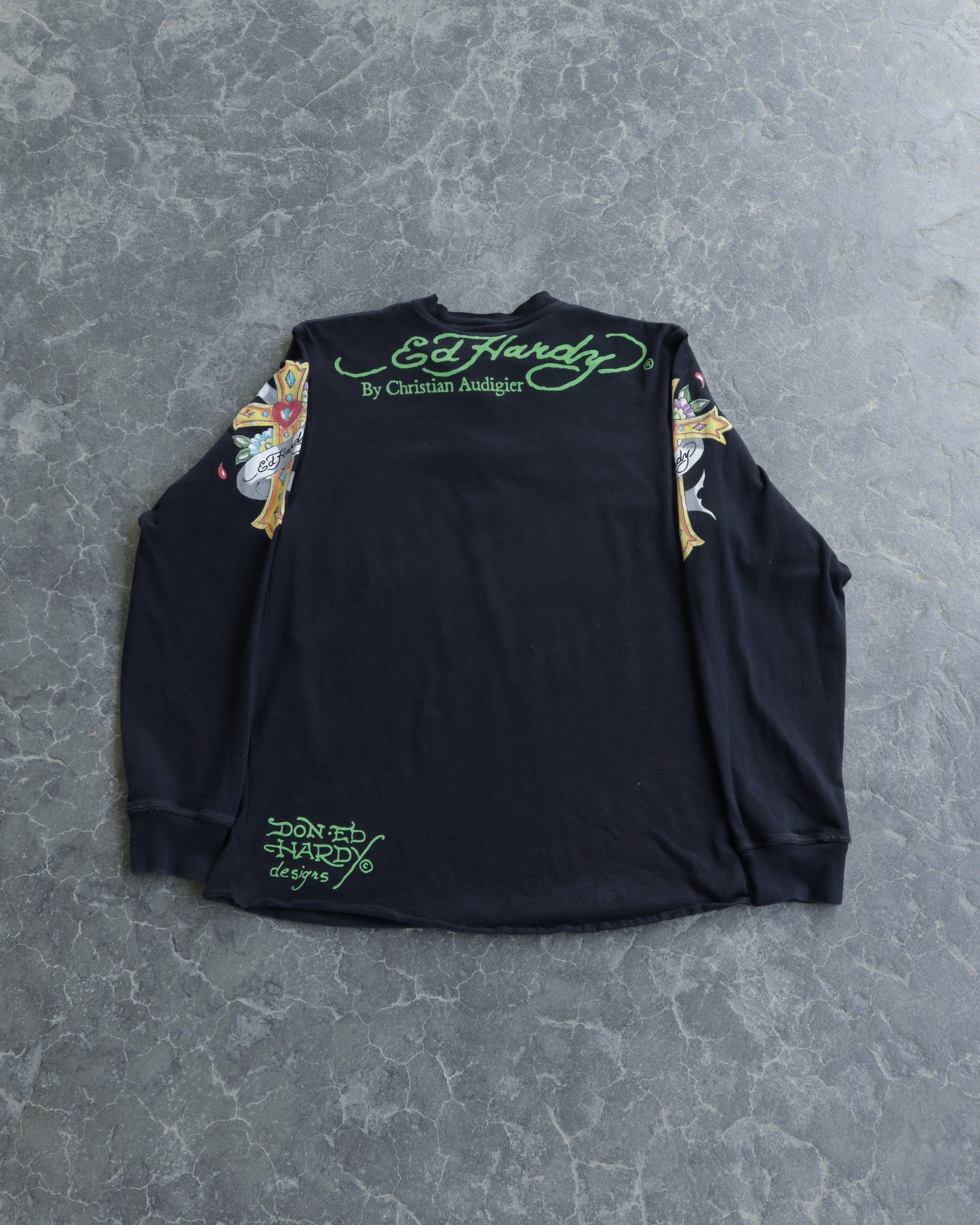 00s Ed Hardy Ghost Henley Long Sleeve Black Shirt - XL