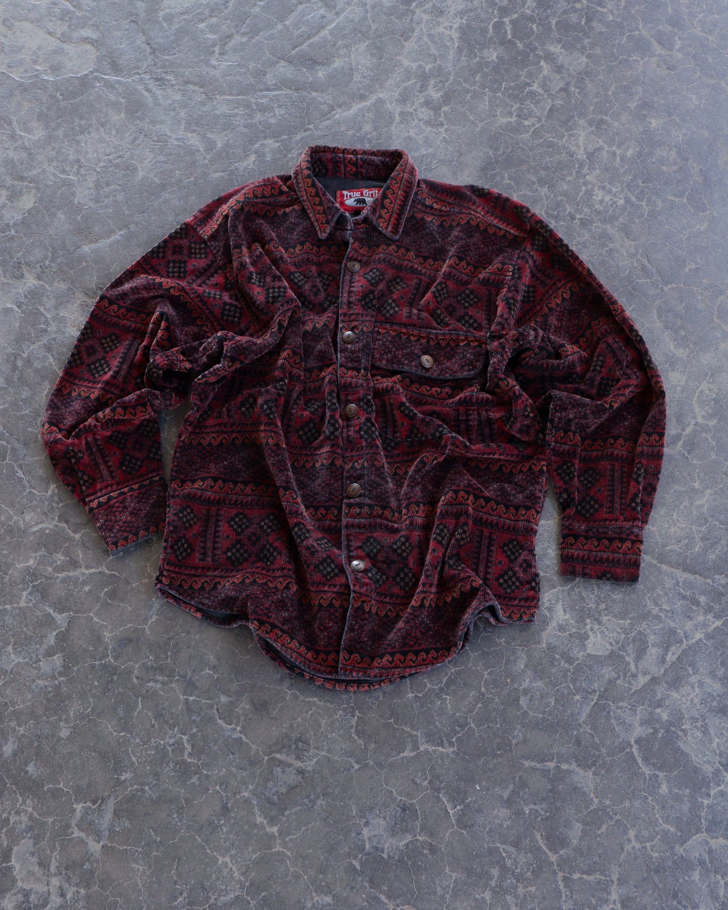 90s True Grit Red Aztec Print Oversized Button Up Shirt - S