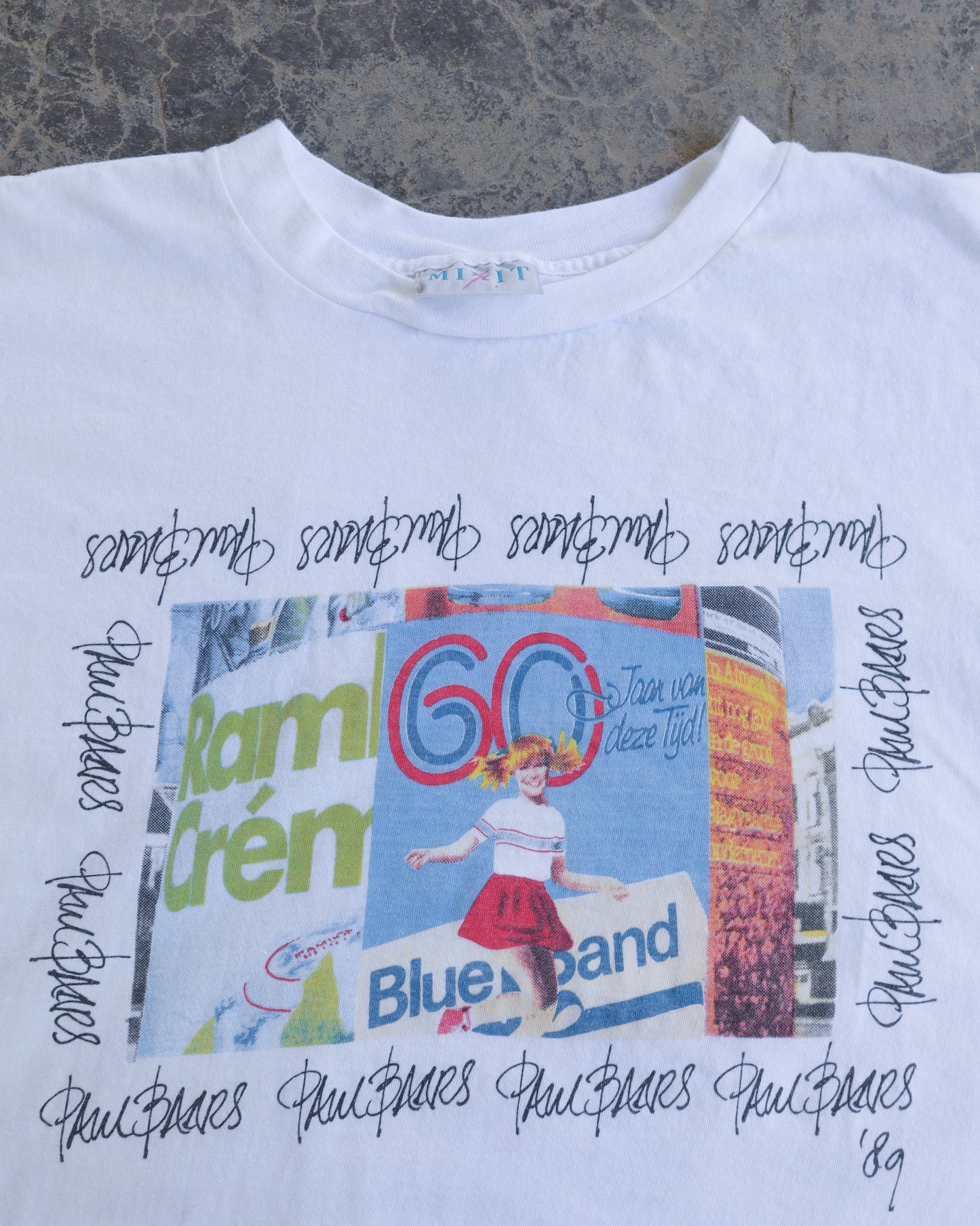 80s Paris Blue Euro Boxy Fit White Tee - M