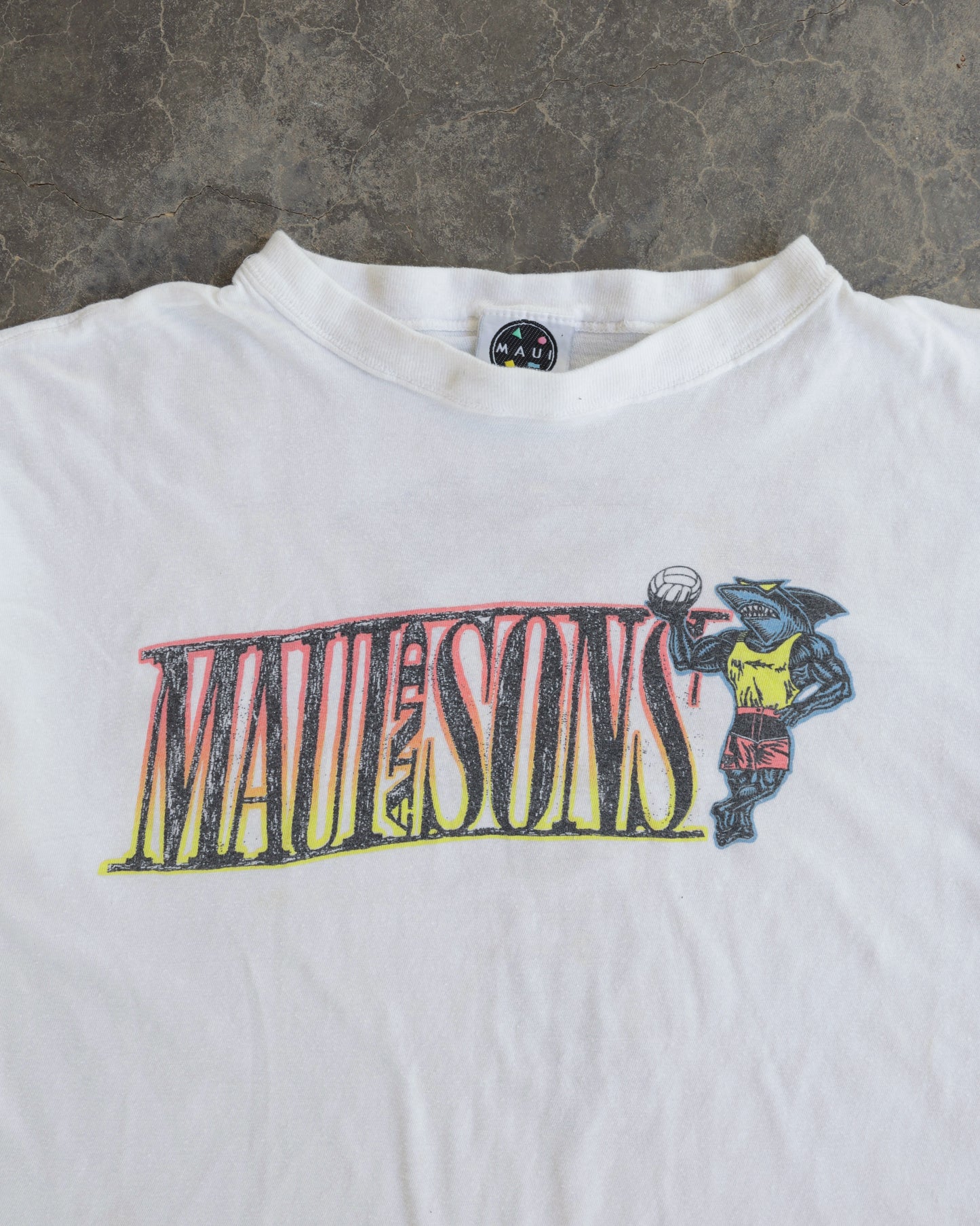 90s Maui and Sons Volleyball Shark White Tee - L