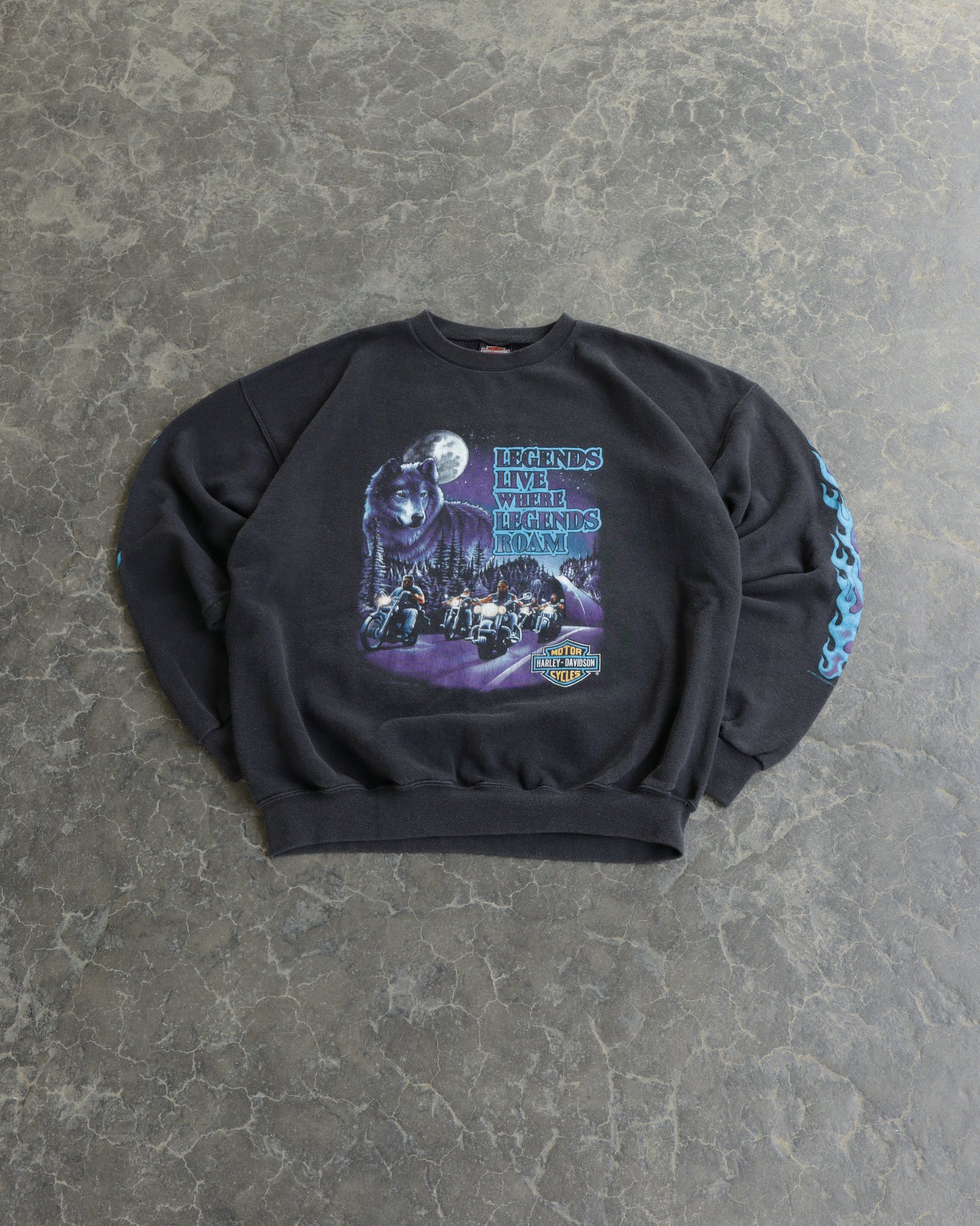 90s Harley Davidson Where Legends Roam Faded Black Crewneck - XL