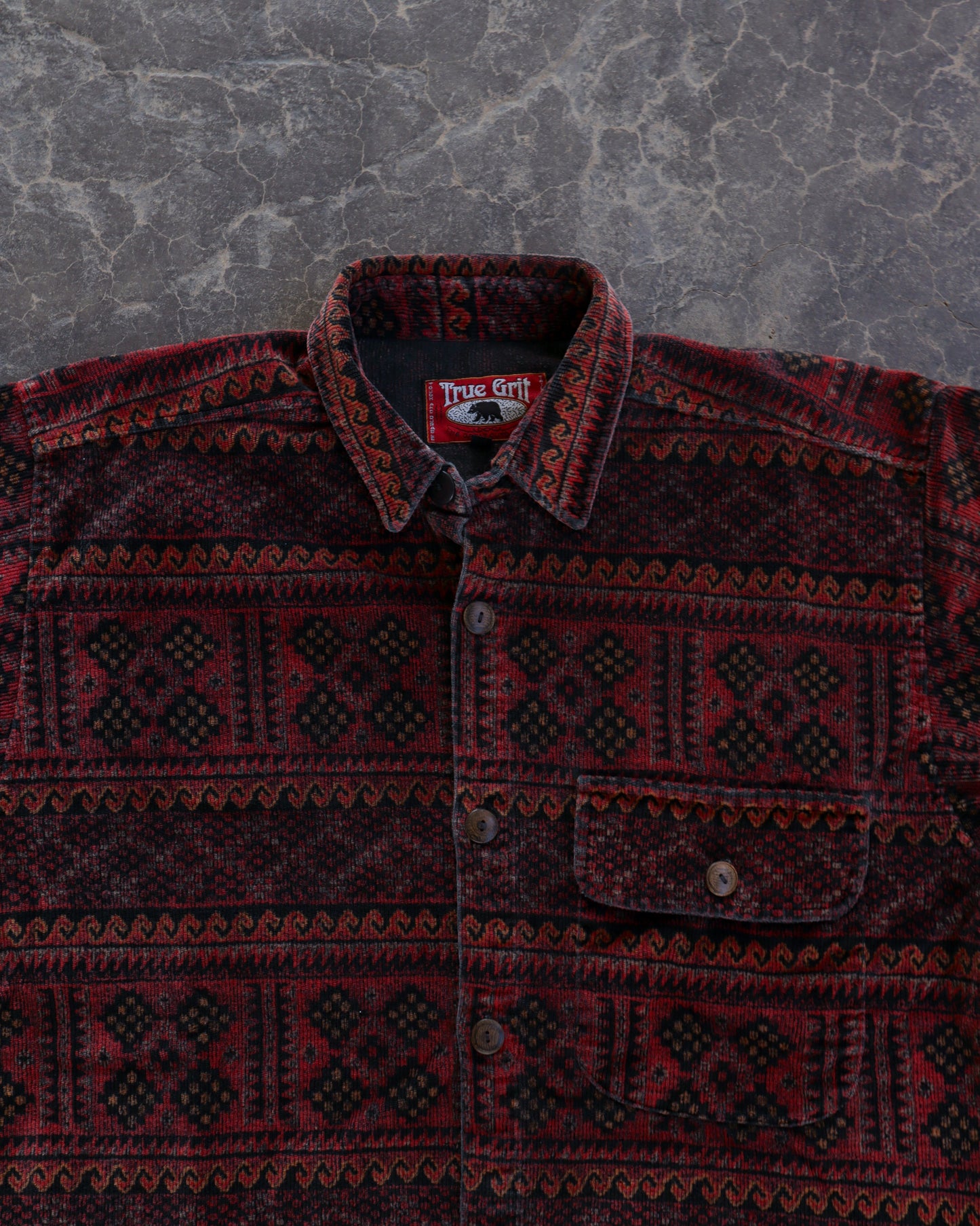 90s True Grit Red Aztec Print Oversized Button Up Shirt - S