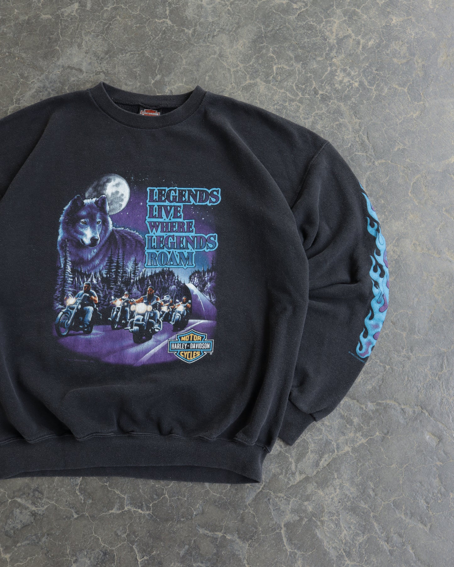 90s Harley Davidson Where Legends Roam Faded Black Crewneck - XL