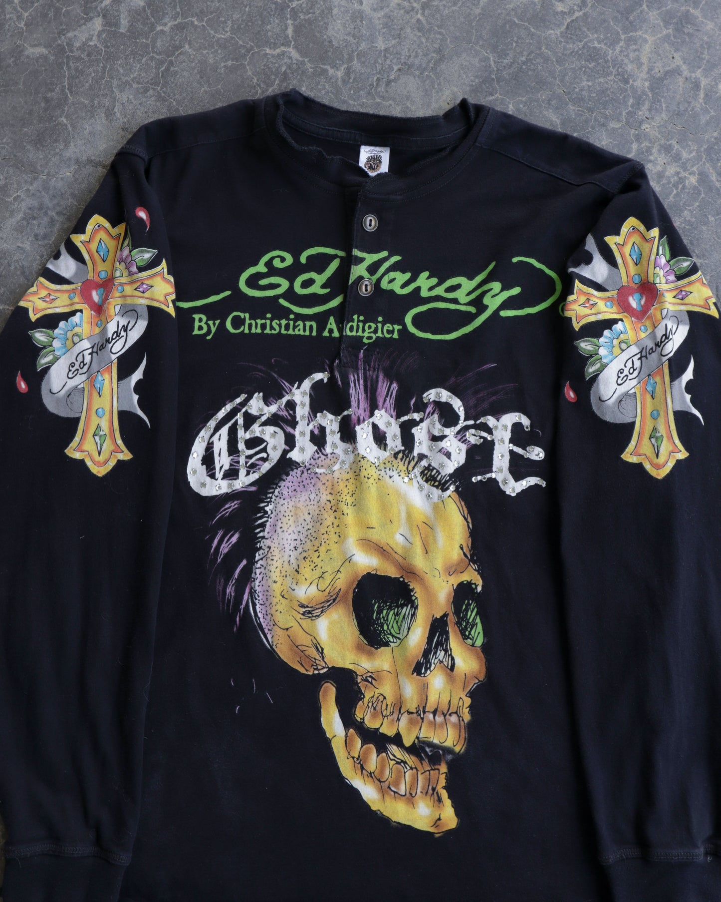 00s Ed Hardy Ghost Henley Long Sleeve Black Shirt - XL