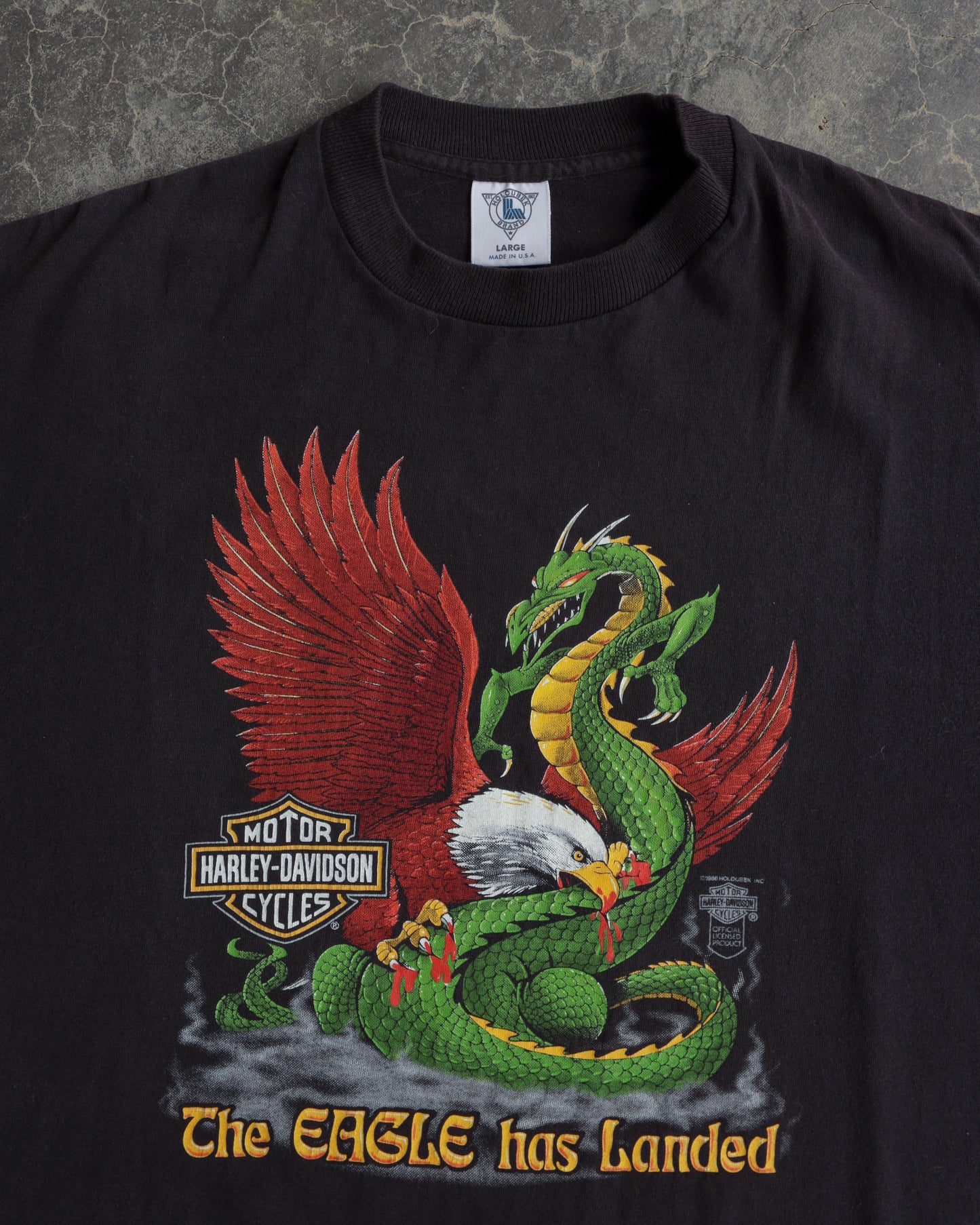 90s Harley Davidon Eagle Has Landed Faded Black Tee - L