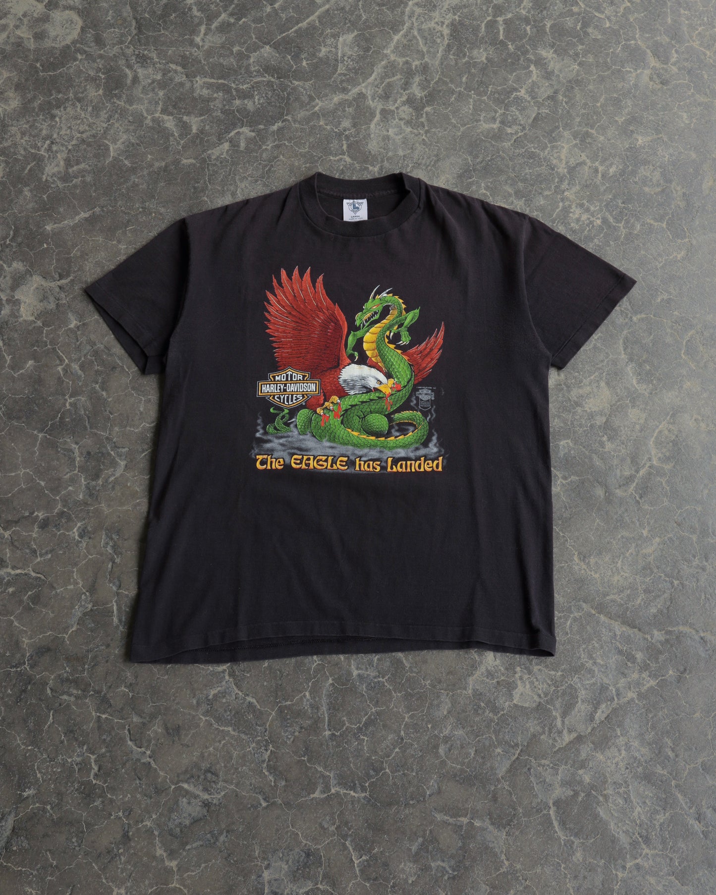 90s Harley Davidon Eagle Has Landed Faded Black Tee - L