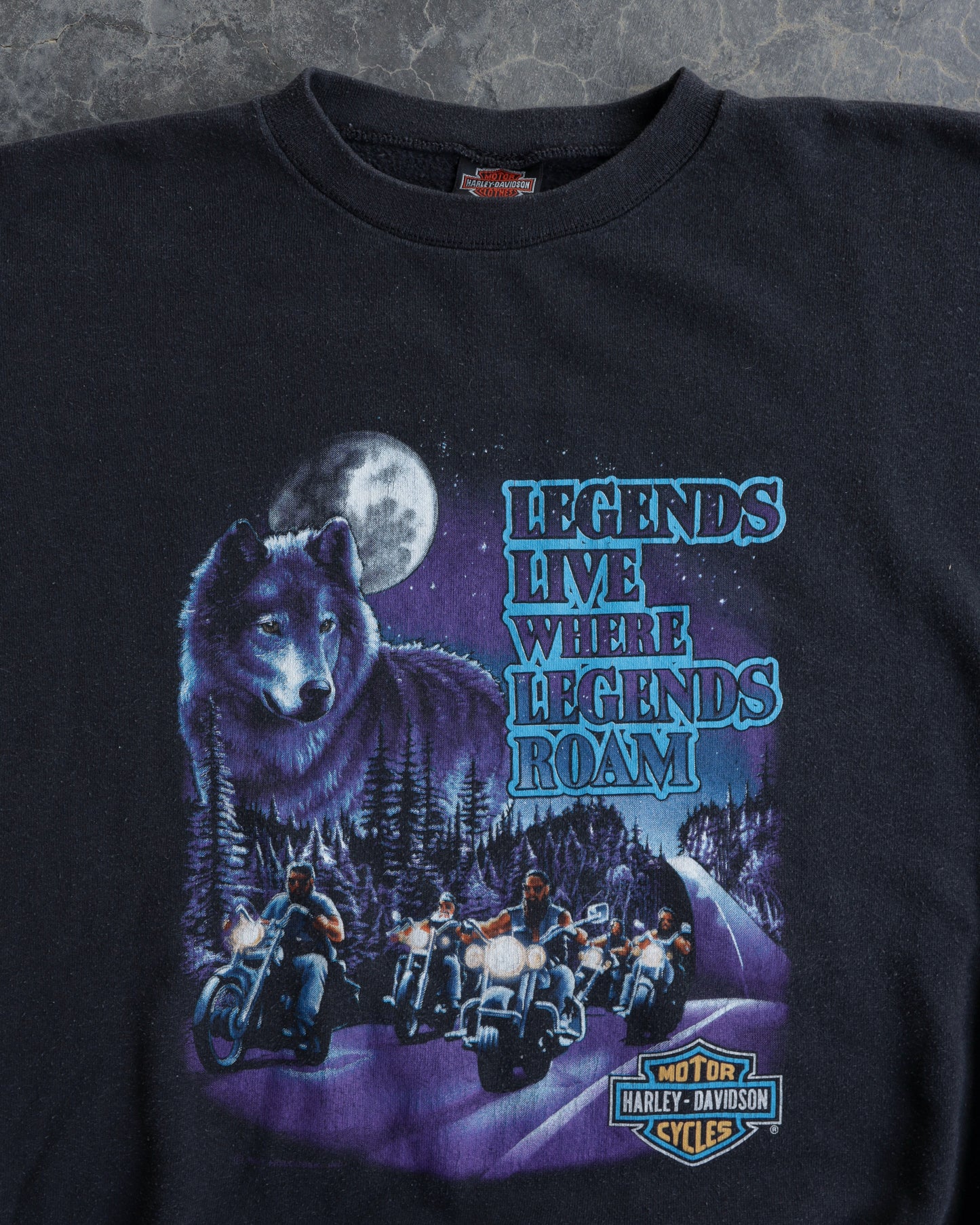 90s Harley Davidson Where Legends Roam Faded Black Crewneck - XL