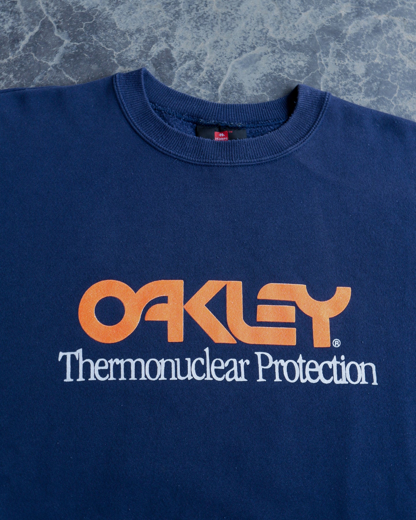 90s Oakley Software Thermonuclear Protecton Navy Crewneck - XL