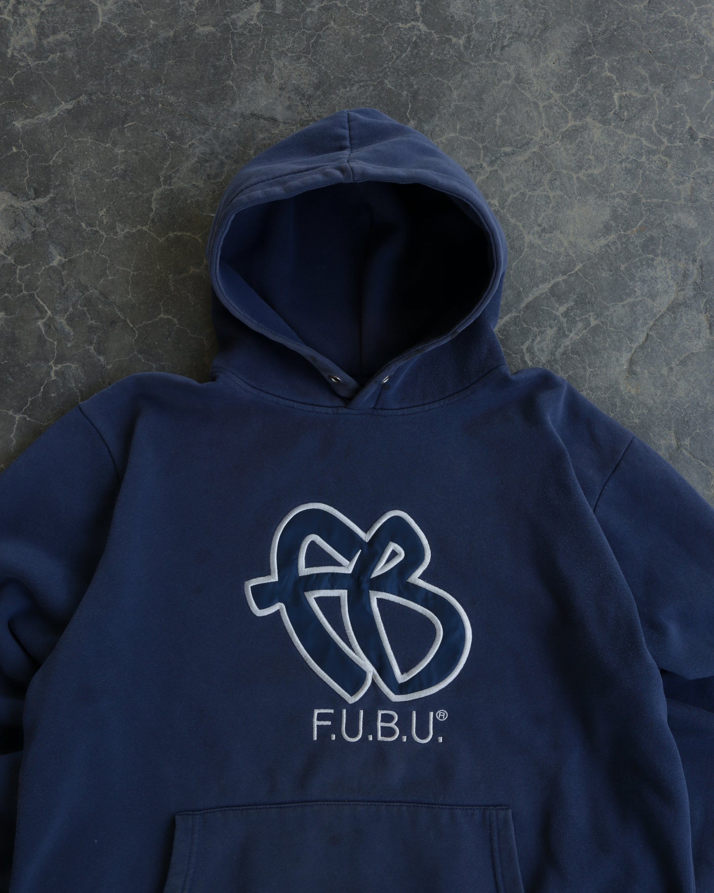 90s FUBU Embroidered Logo Navy Hoodie - XXL