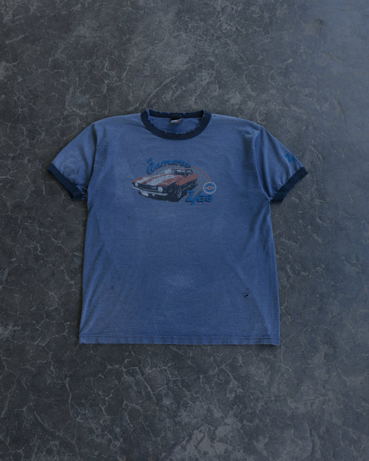 00s Top Heavy 69 Camaro Faded Blue Distressed Ringer Tee - L